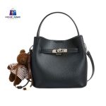 Elegant Black Pebbled Handbag with Teddy Charm